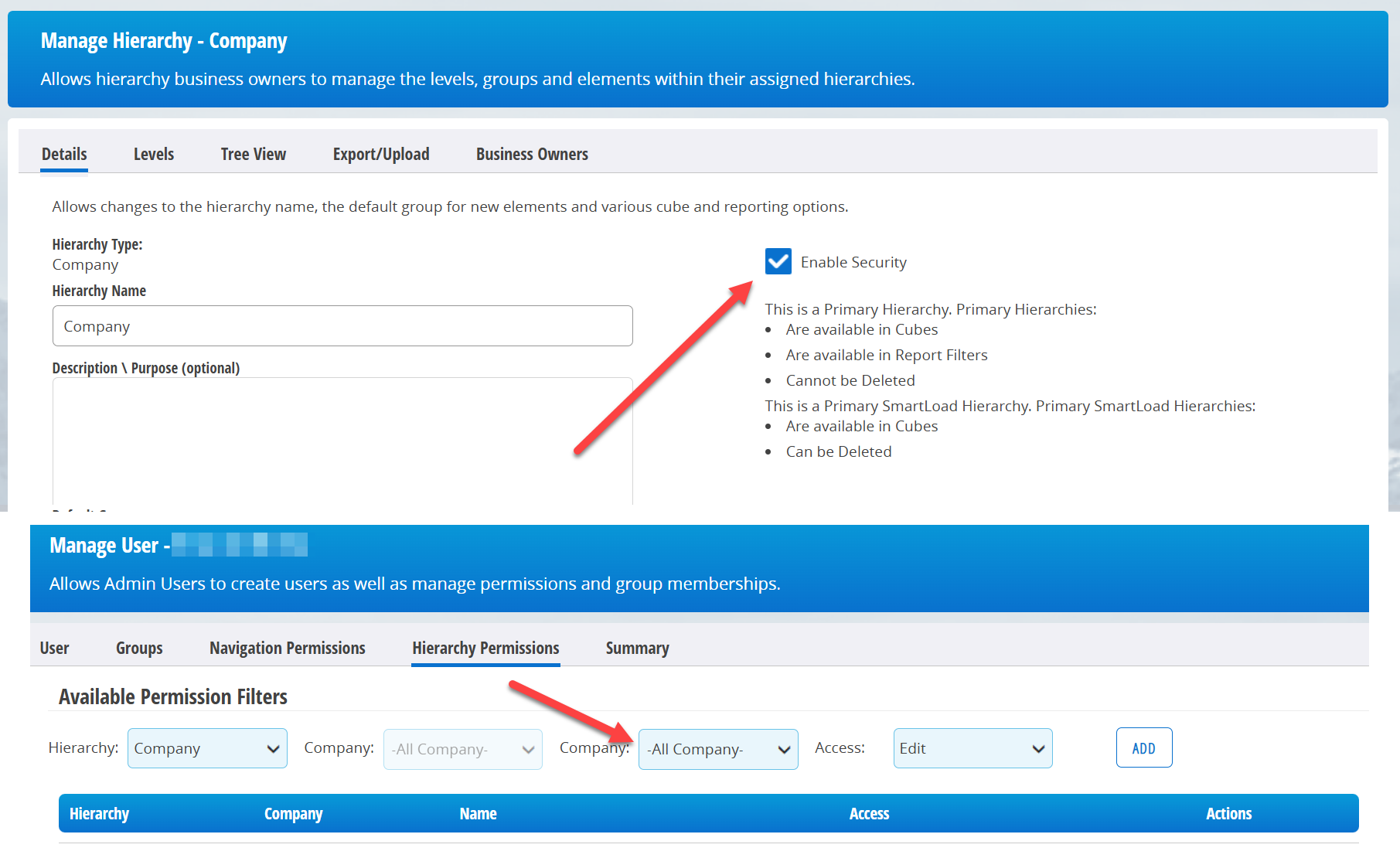 Hierarchy security configuration showing enabled security checkbox