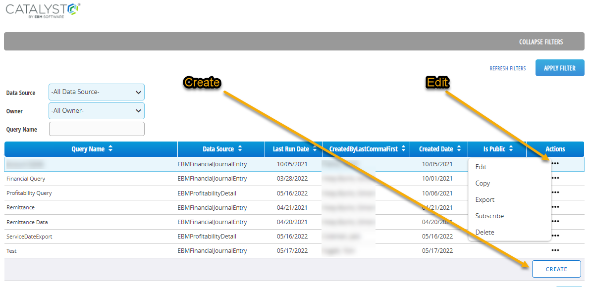 Query list with action menu