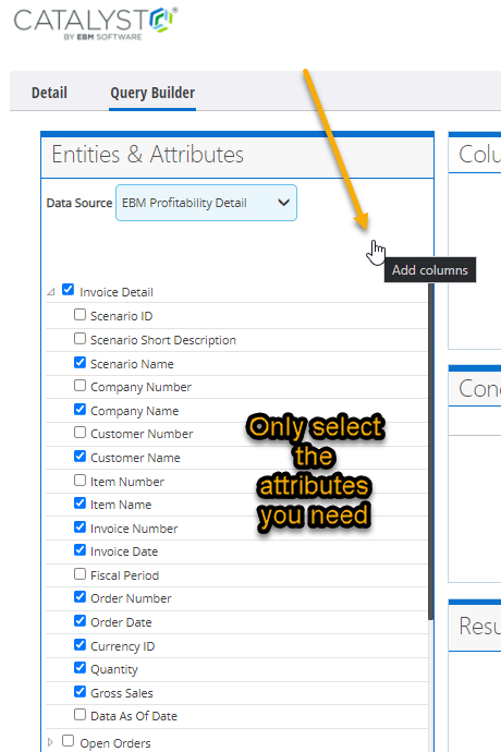 Column selection from attributes list