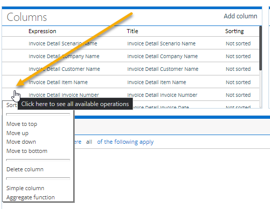 Columns section showing sort, aggregate and delete options