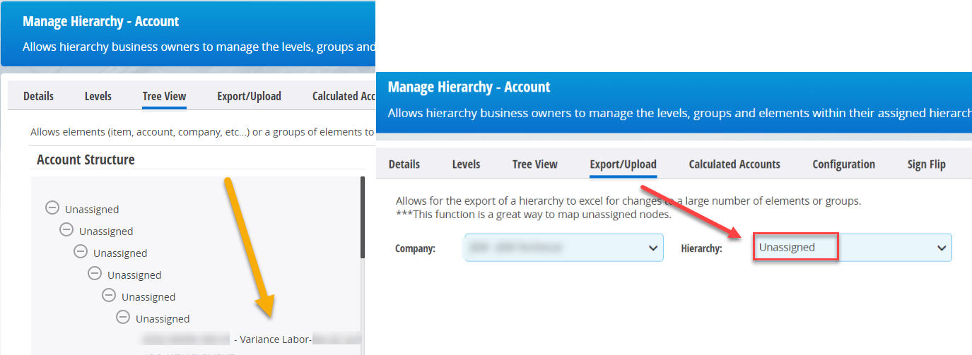 Export/Upload tab in Edit Account Hierarchy with Unassigned filter applied
