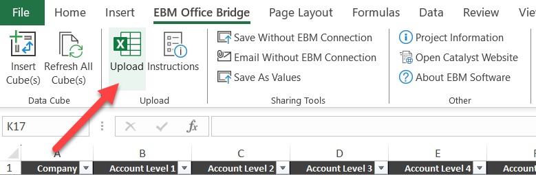 EBM Office Bridge ribbon showing the Upload button in Excel