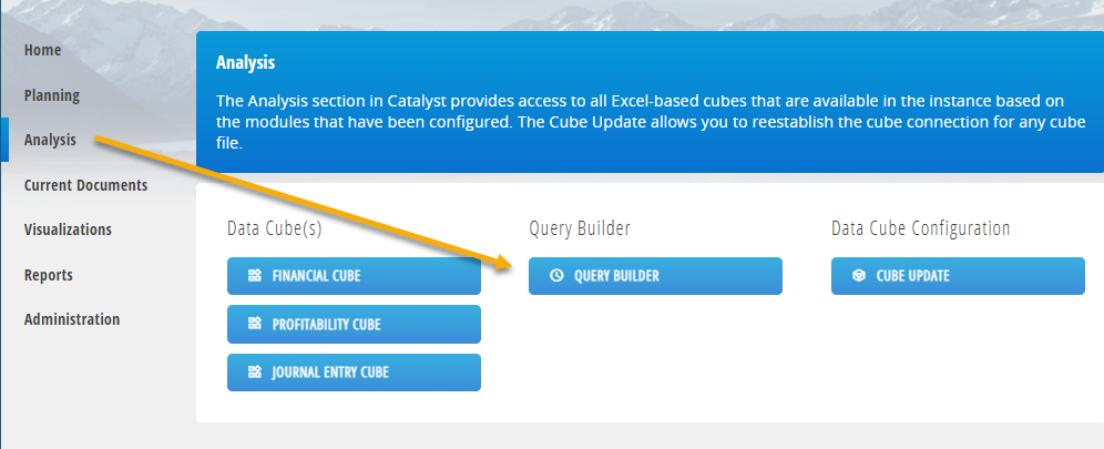 Catalyst Analysis section showing Query Builder alongside Data Cubes and other Analysis tools